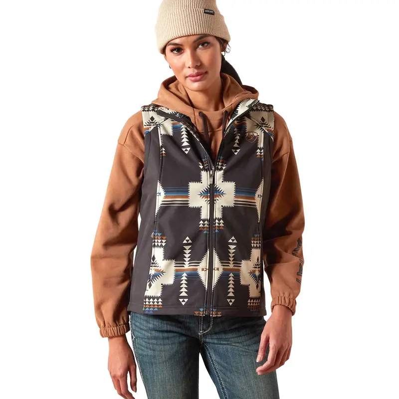 Ariat Womens Logo Softshell Western Print Vest – Durable Outdoor Layer With Zip Pockets 1
