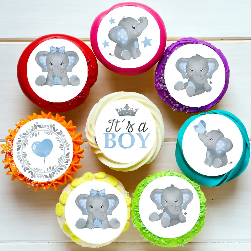 Baby Boy Elephant Pre-Cut Edible Icing Cupcake Or Cookie Toppers 1