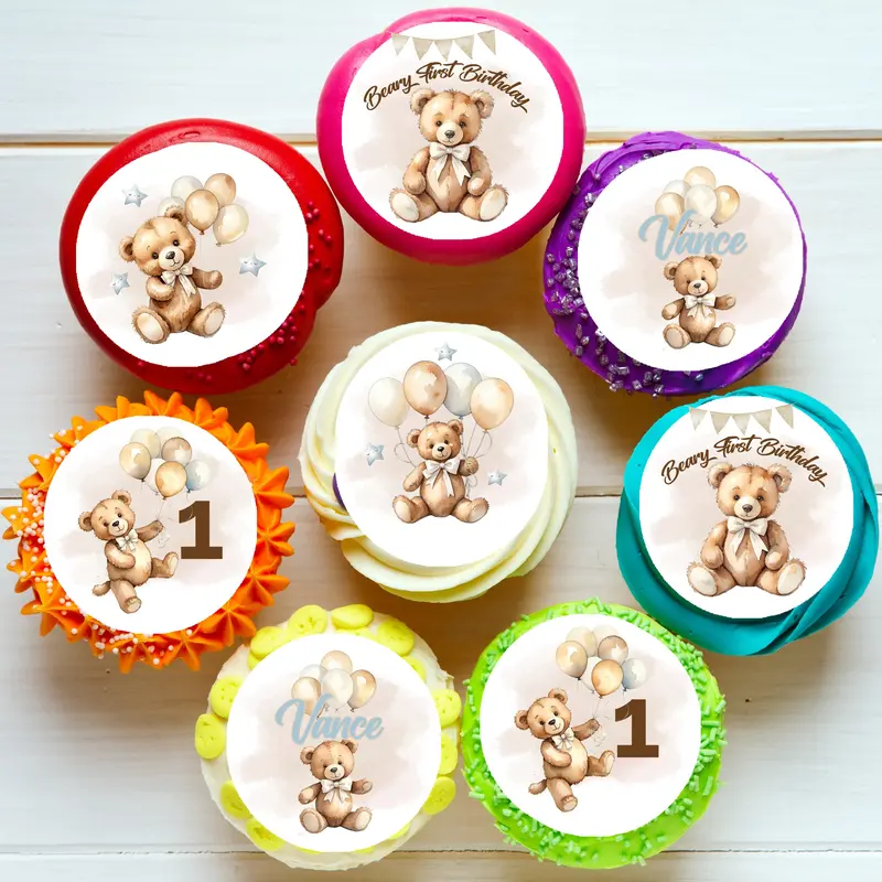 Beary First Birthday Pre-Cut Edible Cupcake Or Cookie Toppers 1
