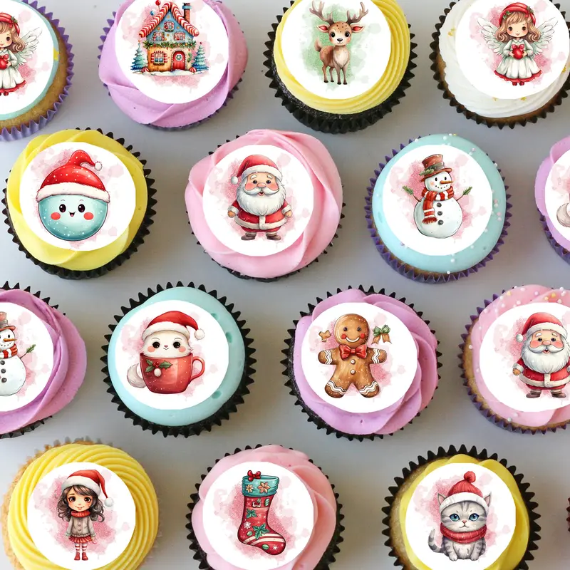 Christmas Xmas Pre-Cut Mini Edible Icing Cupcake Or Cookie Toppers 1