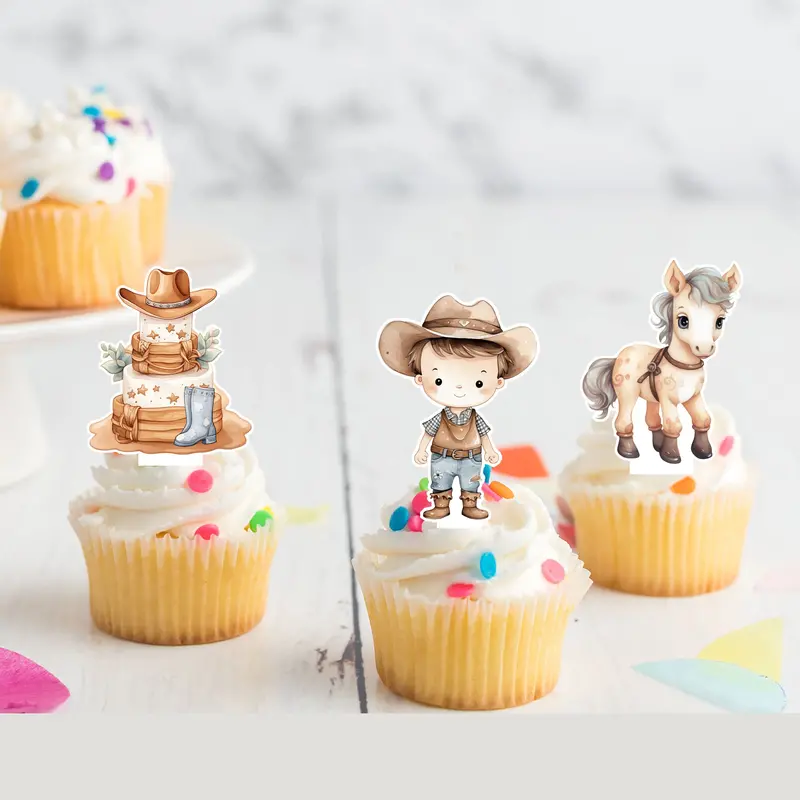 Cowboy Western Rodeo Pre-Cut Edible Stand-Up Wafer Card Cupcake Toppers 1