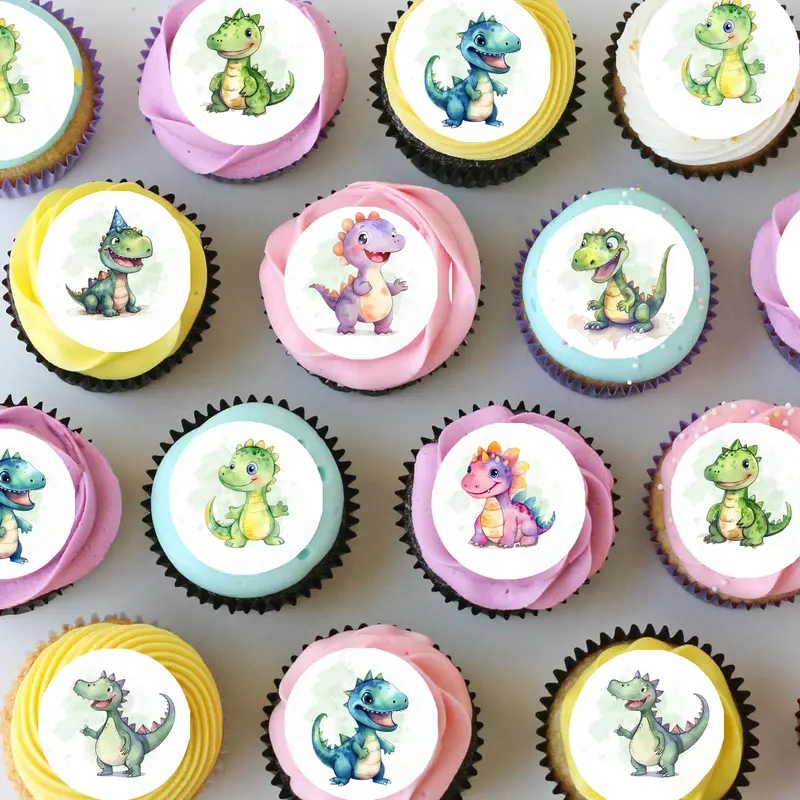 Cute Dinosaurs Pre-Cut Mini Edible Cupcake Or Cookie Toppers 1
