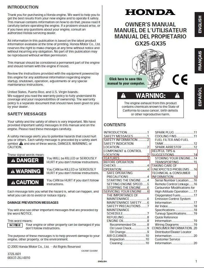 Pcw3000 - Honda Engine Gx35 Owner's Manual (Other Languages) 1