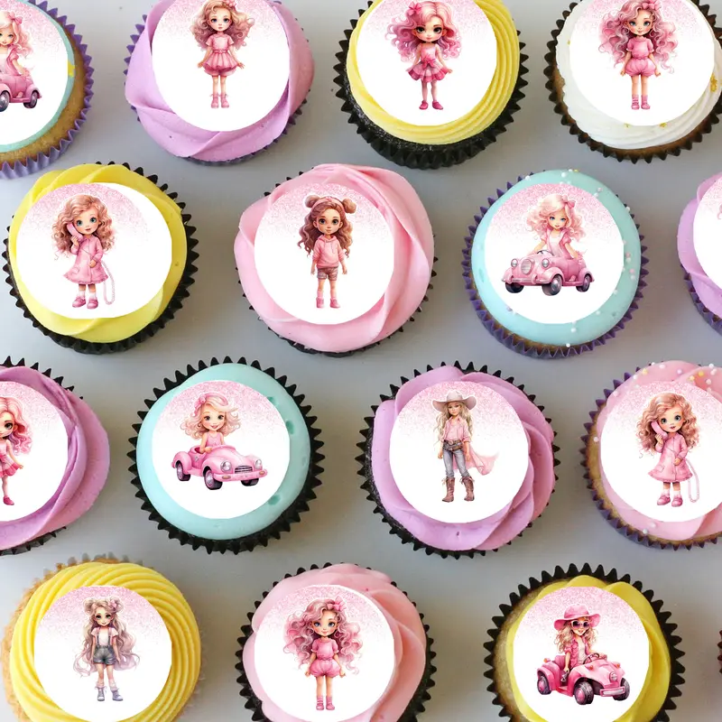 Pretty Pink Dolls Pre-Cut Mini Edible Cupcake Or Cookie Toppers 1