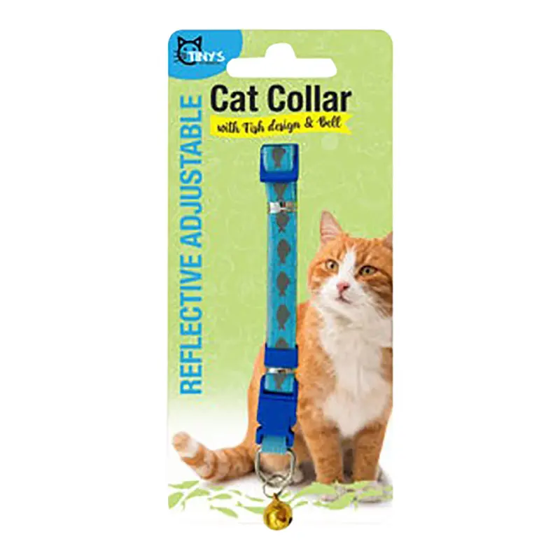 Reflective Adjustable Cat Collar With Fish Design And Bell, Assorted Colors, 7-11"L 1